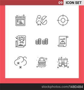 Set of 9 Commercial Outlines pack for file, pencle, happy, page, ui Editable Vector Design Elements