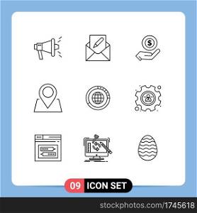 Set of 9 Commercial Outlines pack for global, management, ecommerce, pin, location Editable Vector Design Elements