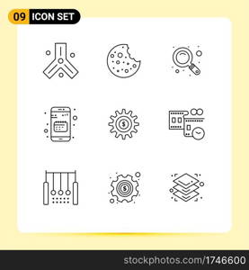 Set of 9 Commercial Outlines pack for money, gear, search, mobile, calendar Editable Vector Design Elements
