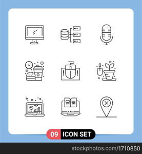 Set of 9 Commercial Outlines pack for mouse, lunch, storage, food, break Editable Vector Design Elements