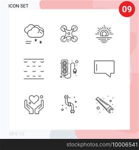 Set of 9 Commercial Outlines pack for power supply, plug, sun, electronics, water Editable Vector Design Elements