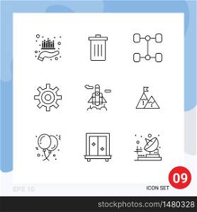 Set of 9 Commercial Outlines pack for space, user, garbage, setting, gear Editable Vector Design Elements