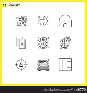 Set of 9 Commercial Outlines pack for timer, stopwatch, historical building, theatre, movie Editable Vector Design Elements