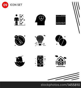 Set of 9 Commercial Solid Glyphs pack for balloon, keys, console, house, mixer Editable Vector Design Elements