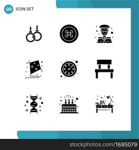 Set of 9 Commercial Solid Glyphs pack for bench, time, avatar, clock, fly Editable Vector Design Elements