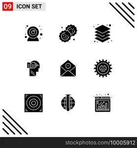 Set of 9 Commercial Solid Glyphs pack for delete, communication, layers, mind, book Editable Vector Design Elements