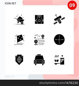 Set of 9 Commercial Solid Glyphs pack for destination, fly, romance, kite, space Editable Vector Design Elements