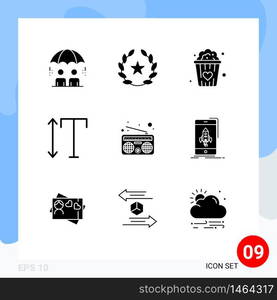 Set of 9 Commercial Solid Glyphs pack for game, media, food, communication, scale Editable Vector Design Elements