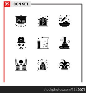 Set of 9 Commercial Solid Glyphs pack for laboratory, chemistry, chinese food, fathers, brim Editable Vector Design Elements