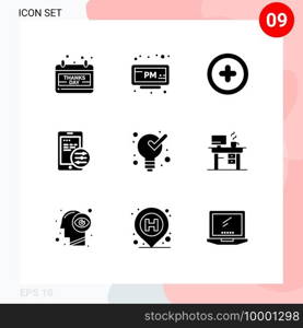 Set of 9 Commercial Solid Glyphs pack for solution, management, media, defining, mobile Editable Vector Design Elements