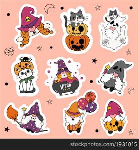 Set of 9 cute Halloween Gnome and cat in fancy costume party cartoon sticker collection.
