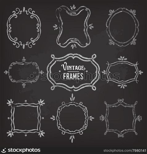 Set of 9 cute vintage chalk frames of different orientations and formats on chalkboard for your designs