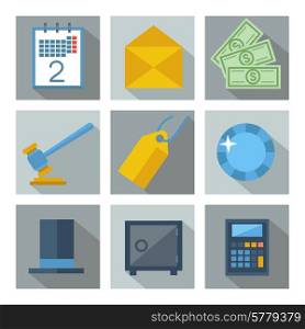 Set of 9 financial investment square icons with long shadows. Isolated on white