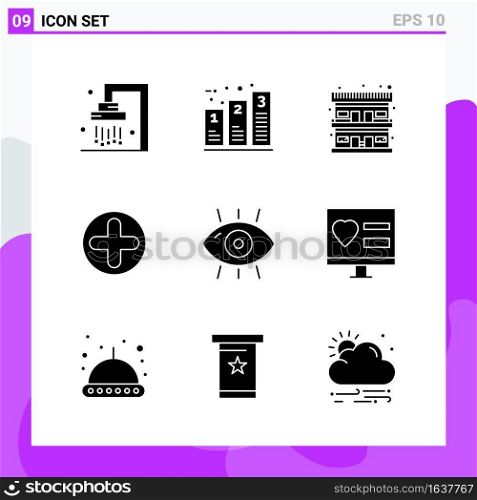 Set of 9 icons in solid style. Creative Glyph Symbols for Website Design and Mobile Apps. Simple Solid Icon Sign Isolated on White Background. 9 Icons.. Creative Black Icon vector background