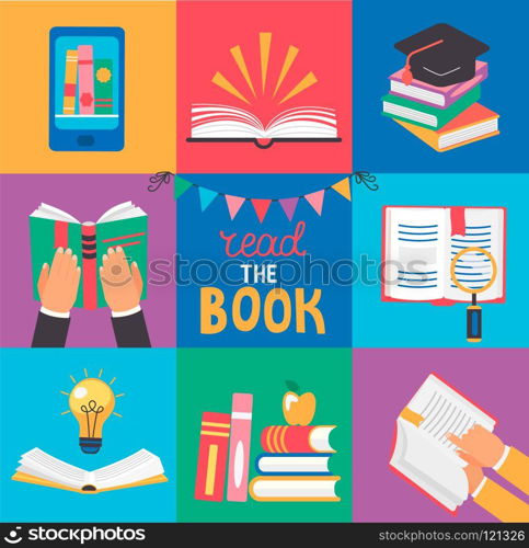 Set of 9 icons with book concepts.. Set of 9 icons with book concepts - knowledge, learning and education, in flat design style. Abstract pile of books, open and closed books, hands with books. Vector illustration.