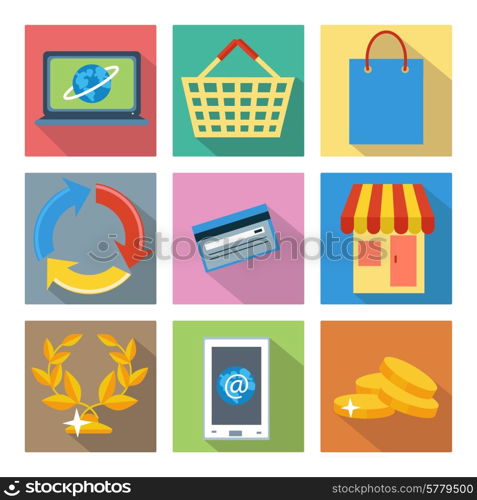 Set of 9 internet shopping and online banking square icons with long shadows. Isolated on white background