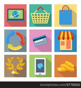 Set of 9 internet shopping and online banking square icons with long shadows. Isolated on white background