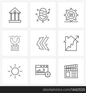 Set of 9 Line Icon Signs and Symbols of arrow, institution, control, gun, setting Vector Illustration