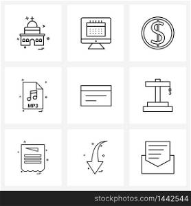 Set of 9 Line Icon Signs and Symbols of audio, file format, dollar, file extension, file Vector Illustration