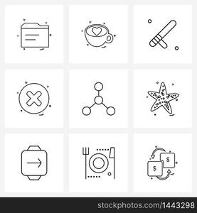 Set of 9 Line Icon Signs and Symbols of connect, button, coffee, user interface, police Vector Illustration