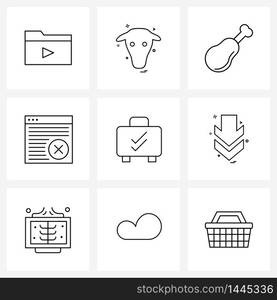 Set of 9 Line Icon Signs and Symbols of direction, check, food, suitcase, bag Vector Illustration