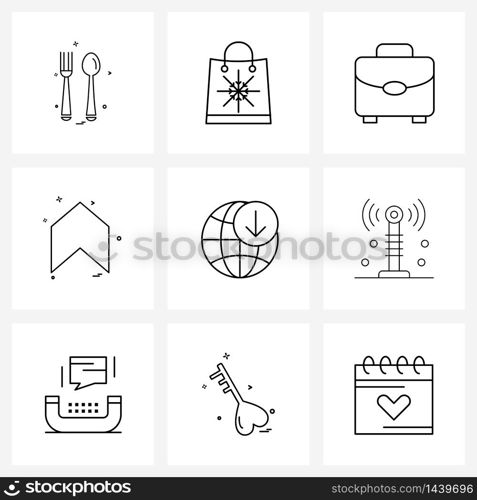 Set of 9 Line Icon Signs and Symbols of down, globe, office, global, direction Vector Illustration