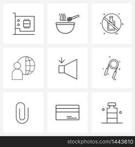 Set of 9 Line Icon Signs and Symbols of download, speaker, drink not allowed, sound, network Vector Illustration