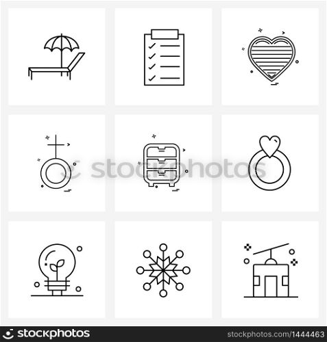 Set of 9 Line Icon Signs and Symbols of drawer, girl, heart, women, Vector Illustration