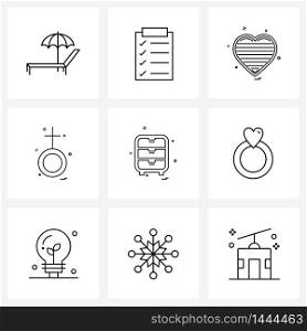 Set of 9 Line Icon Signs and Symbols of drawer, girl, heart, women, Vector Illustration