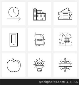 Set of 9 Line Icon Signs and Symbols of file type, device, ticket, android, mobile Vector Illustration