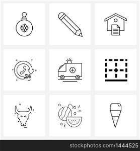 Set of 9 Line Icon Signs and Symbols of medicated, ambulance, house contract, hours, call Vector Illustration