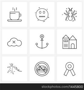 Set of 9 Line Icon Signs and Symbols of ocean, anchor, remove, cloud Vector Illustration