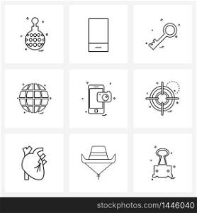Set of 9 Line Icon Signs and Symbols of phone, mobile, key, global, world Vector Illustration