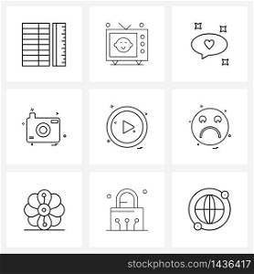 Set of 9 Line Icon Signs and Symbols of play button, play, chat, photo, camera Vector Illustration