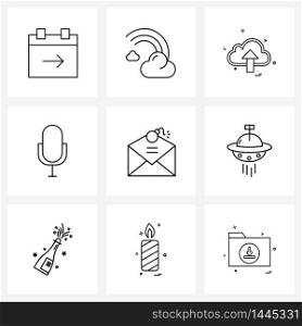 Set of 9 Line Icon Signs and Symbols of recording, media, rain, mic, web Vector Illustration