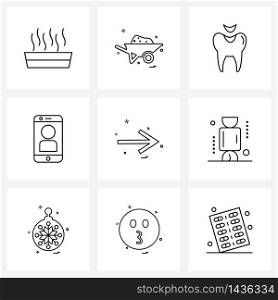 Set of 9 Line Icon Signs and Symbols of right, arrow, teeth, picture, image Vector Illustration