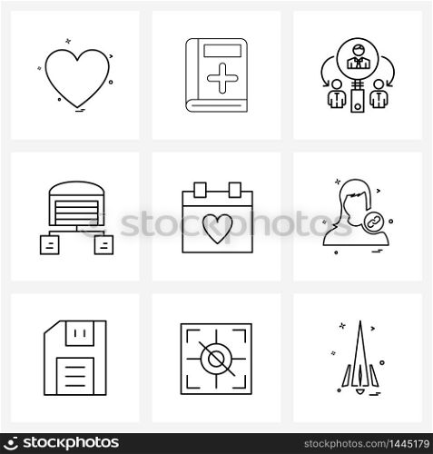 Set of 9 Line Icon Signs and Symbols of schedule, calendar, medicine book, box, business Vector Illustration