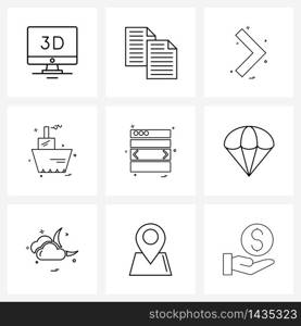 Set of 9 Line Icon Signs and Symbols of web layout, transport, user interface, travelling, shipment Vector Illustration