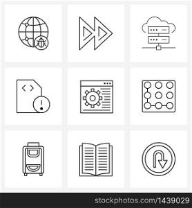 Set of 9 Line Icon Signs and Symbols of web, memory, data, error, alert Vector Illustration