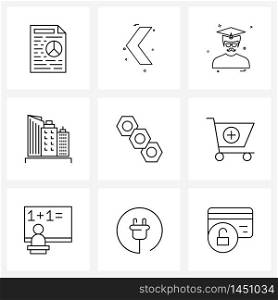 Set of 9 Line Icon Signs and Symbols of work, city, avatar, real estate, tower Vector Illustration