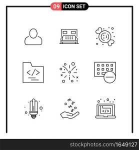 Set of 9 Line Style Icons for web and mobile. Outline Symbols for print. Line Icon Signs Isolated on White Background. 9 Icon Set.. Creative Black Icon vector background