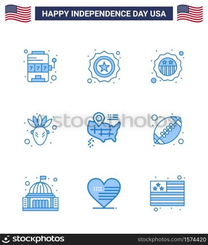 Set of 9 Modern Blues pack on USA Independence Day american ball; rugby; american; ball; map Editable USA Day Vector Design Elements