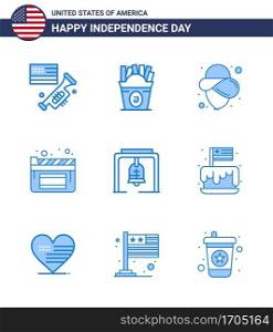 Set of 9 Modern Blues pack on USA Independence Day church bell; bell; usa; alert; movies Editable USA Day Vector Design Elements