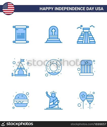 Set of 9 Modern Blues pack on USA Independence Day nutrition  donut  building  tent  c&Editable USA Day Vector Design Elements
