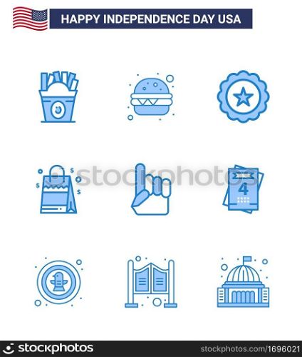 Set of 9 Modern Blues pack on USA Independence Day usa  foam hand  drink  american  handbag Editable USA Day Vector Design Elements