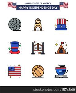 Set of 9 Modern Flat Filled Lines pack on USA Independence Day saloon; door; cap; magic hat; cap Editable USA Day Vector Design Elements