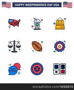 Set of 9 Modern Flat Filled Lines pack on USA Independence Day rugby  scale  bag  law  court Editable USA Day Vector Design Elements