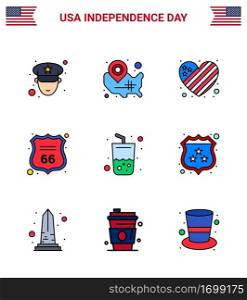 Set of 9 Modern Flat Filled Lines pack on USA Independence Day drink; american; american; sign; security Editable USA Day Vector Design Elements