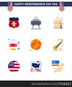 Set of 9 Modern Flats pack on USA Independence Day ball  game  bag  slot  casino Editable USA Day Vector Design Elements
