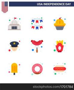Set of 9 Modern Flats pack on USA Independence Day food; officer; party; man; states Editable USA Day Vector Design Elements